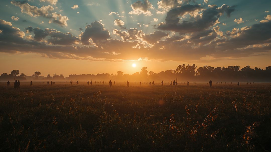 Serene Dawn Landscape with Silhouetted Figures in Misty Field