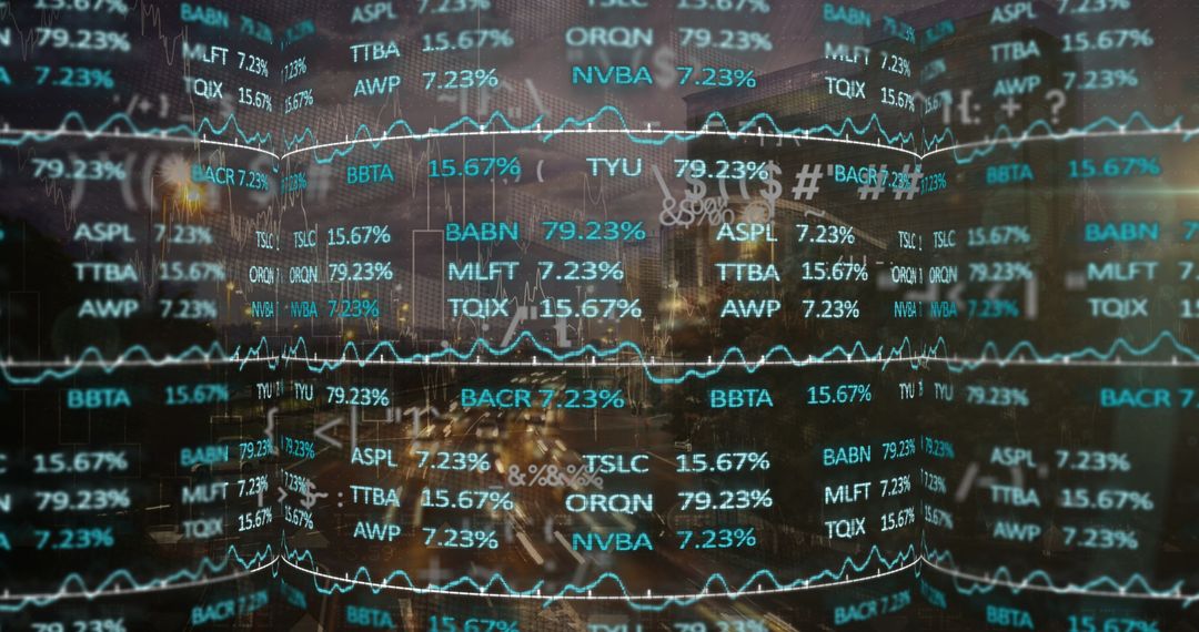 Digital Stock Ticker Overlay on Cityscape