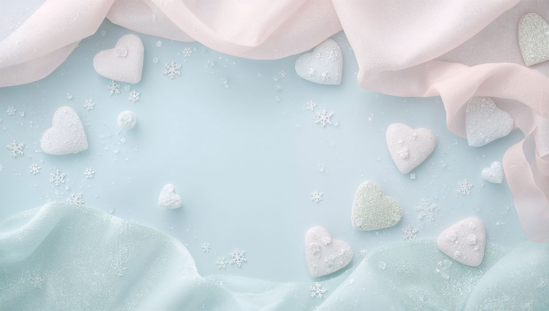 Pastel Heart Confections on Icy Blue Backdrop with Sheer Chiffon and Snowflake Sprinkles