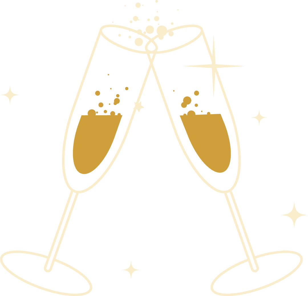 Transparent Champagne Flutes Clinking with Gold Bubbles