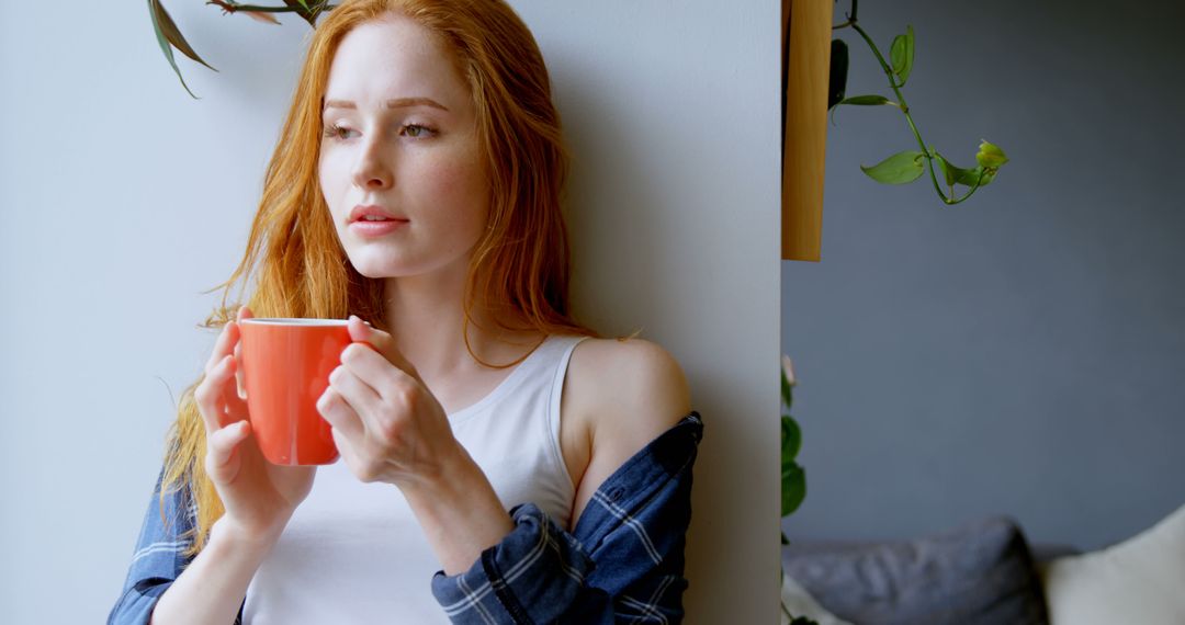 Thoughtful Woman Holding Coffee Mug Relaxing at Home - Free Images, Stock Photos and Pictures on Pikwizard.com