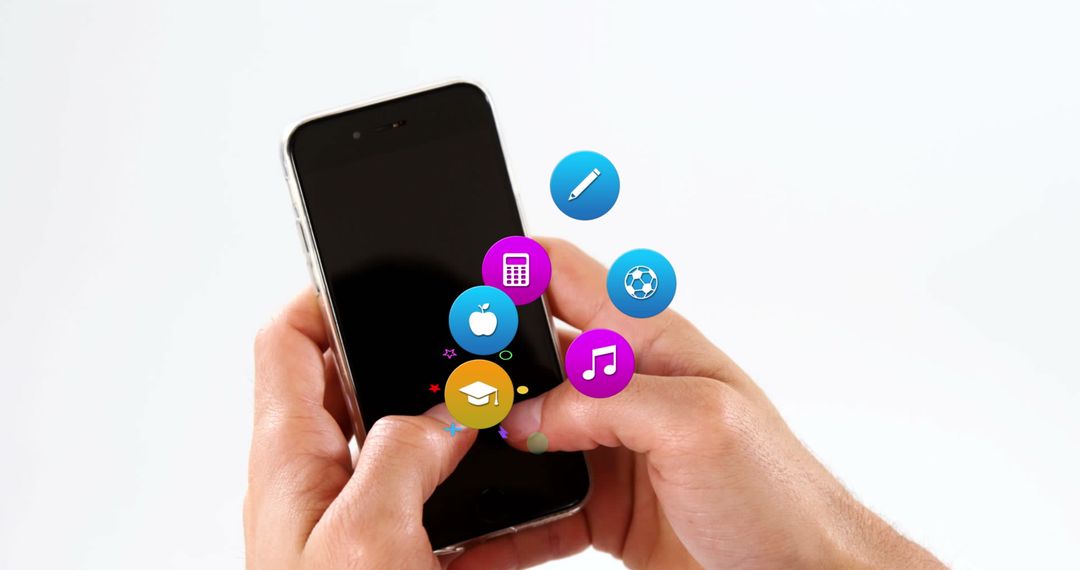 Hand Interacting with Smartphone and Floating App Icons