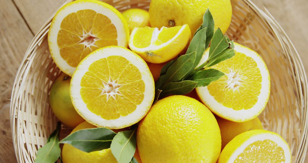 Basket of Fresh Lemons and Lime Leaves on Wooden Surface - Free Images, Stock Photos and Pictures on Pikwizard.com