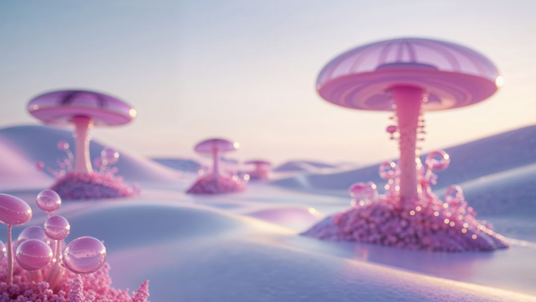 Futuristic Mushroom Structures in Alien Landscapes at Dawn