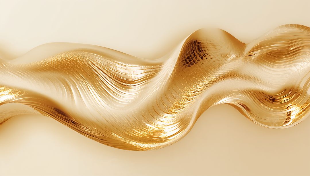 Shimmering gold ribbon sculpture flowing across cream background with glossy grooves
