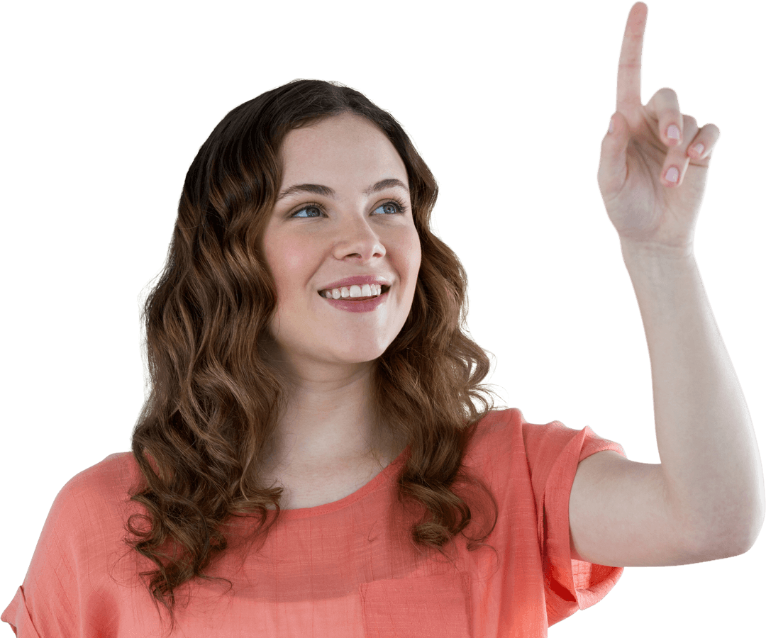 Interactive Young Woman Pointing on Transparent Background