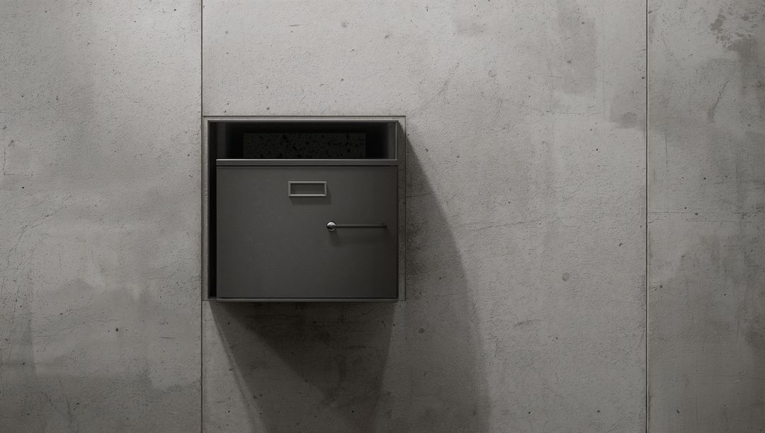 Minimalist Industrial Wall-Mounted Drop Box Recessed in Concrete with Shadow and Texture