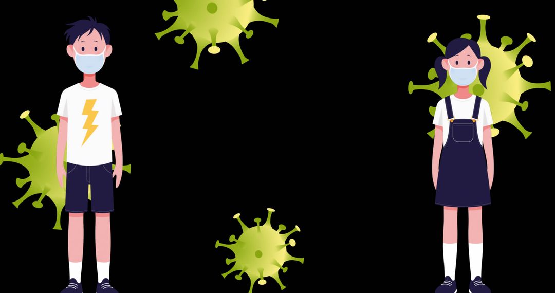 Children Wearing Masks Surrounded by COVID-19 Virus Particles