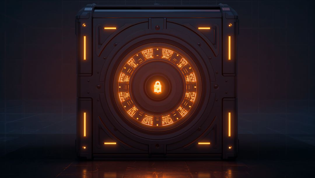 Glowing Futuristic Vault Cube Featuring Circular LED Lock and Cybersecurity Glyphs