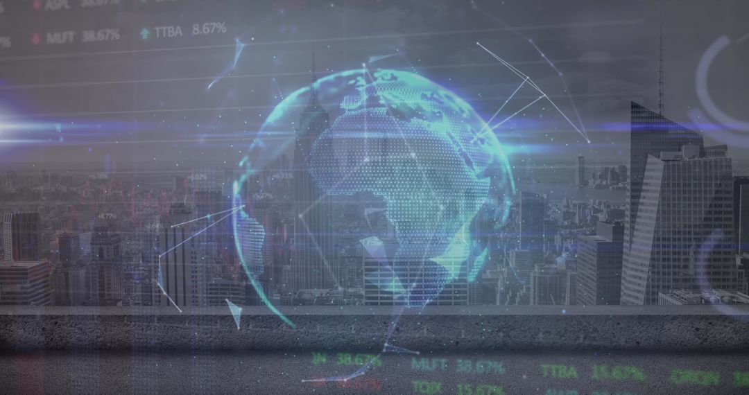 Digital Globe Overlay with Data and Urban Skyline for Global Business