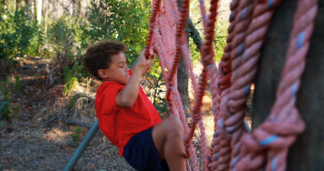 Focused Boy Climbing Outdoor Playground Rope Structure - Free Images, Stock Photos and Pictures on Pikwizard.com