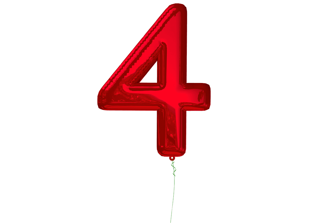 Glossy Red Number 4 Balloon on Transparent Background