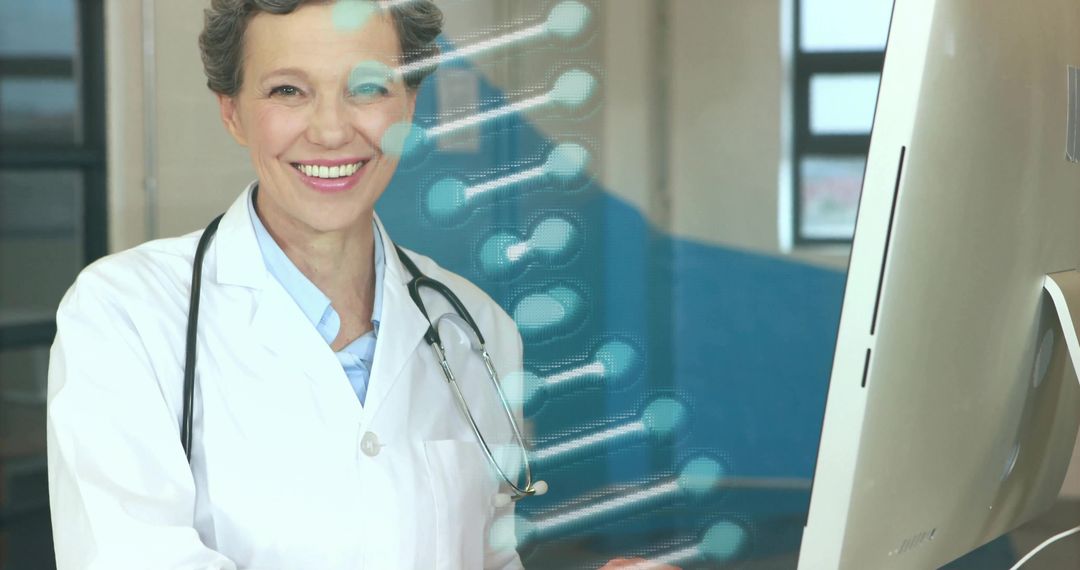 Smiling Doctor Analyzing Data with DNA Graphic in Medical Office