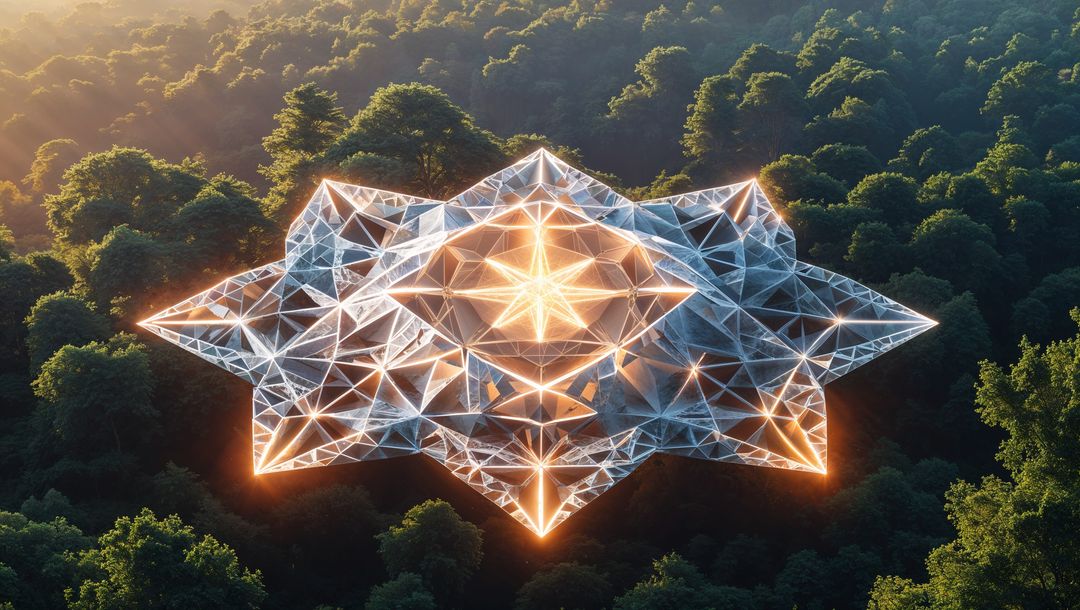 Futuristic Floating Structure Hovering Above Forest at Dawn