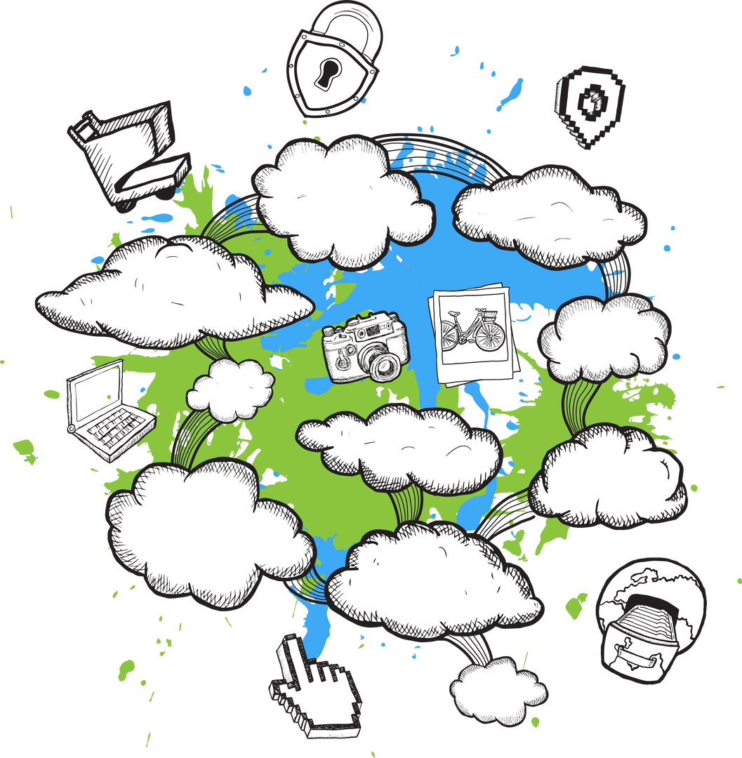 Transparent Graphic of Globe with Clouds and Social Media Icons