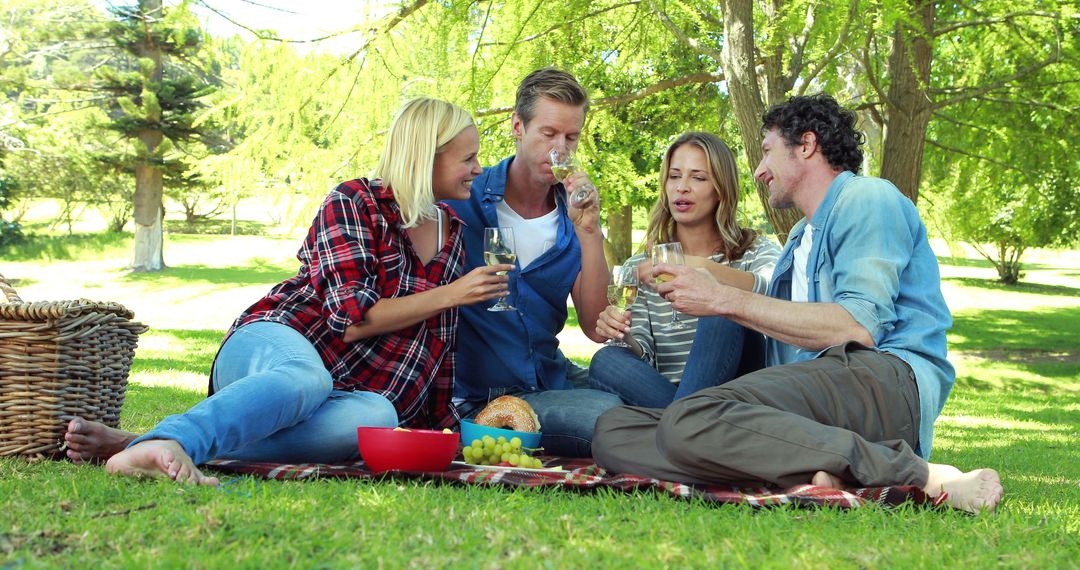 Friends Enjoying Picnic with Wine on Sunny Day - Free Images, Stock Photos and Pictures on Pikwizard.com