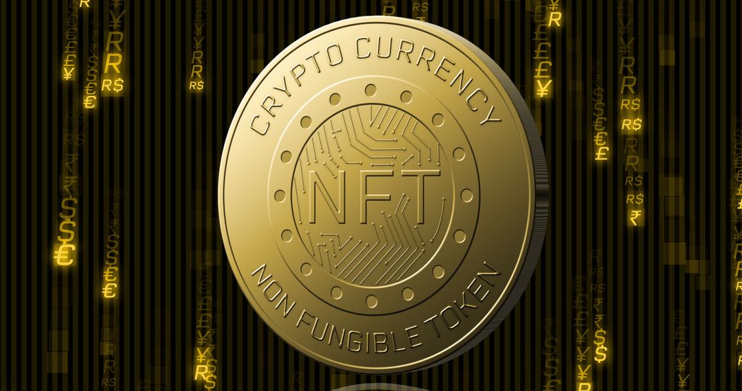 Spinning Golden NFT Coin Surrounded by Currency Symbols