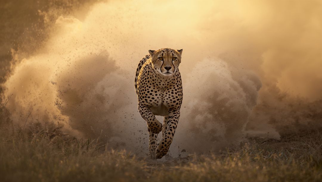 Dynamic Cheetah Sprinting Through Dusty Savanna