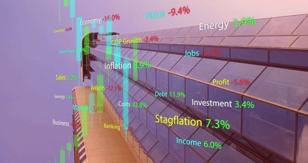 Cityscape Overlay with Economic Data and Graphs