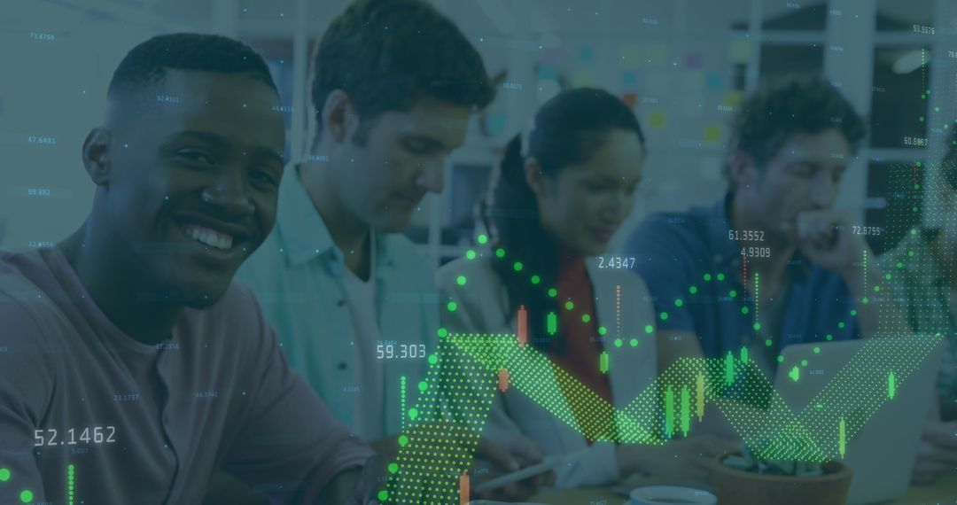 Smiling Professional with Digital Analysis Overlay in Office