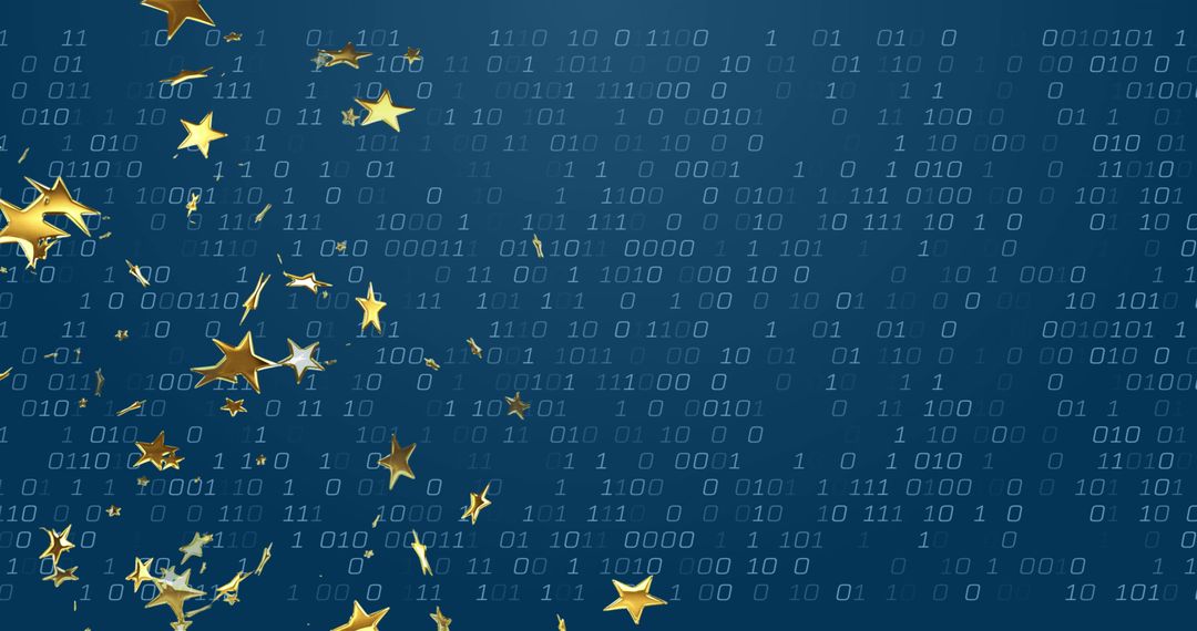 Golden Stars Floating Over Digital Binary Background