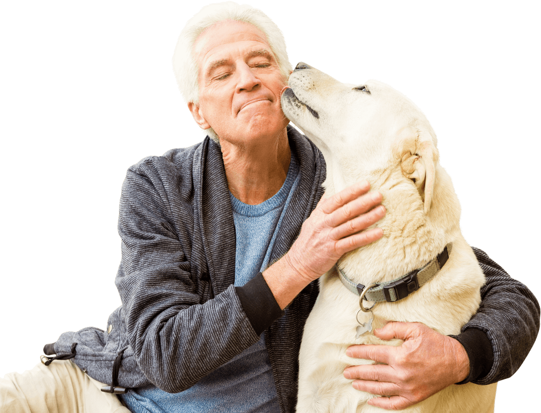 Senior Man Embracing Loyal Pet Dog on Transparent Background