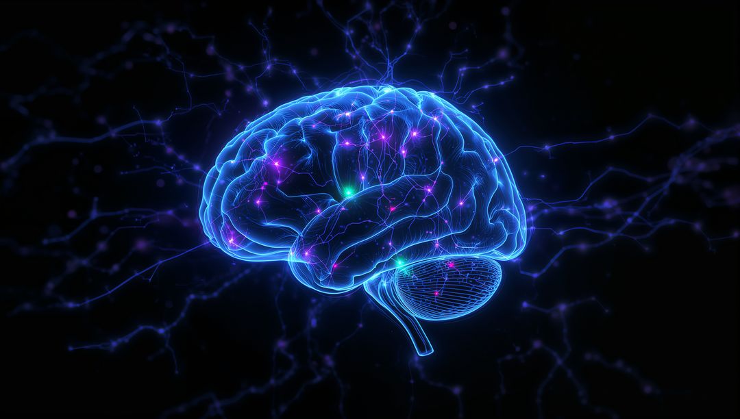 Futuristic Glowing Brain in Virtual Neural Space