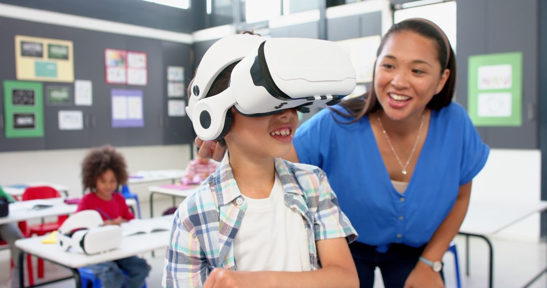 Enthusiastic Teacher Assisting Student with VR Headset in Gifted Classroom