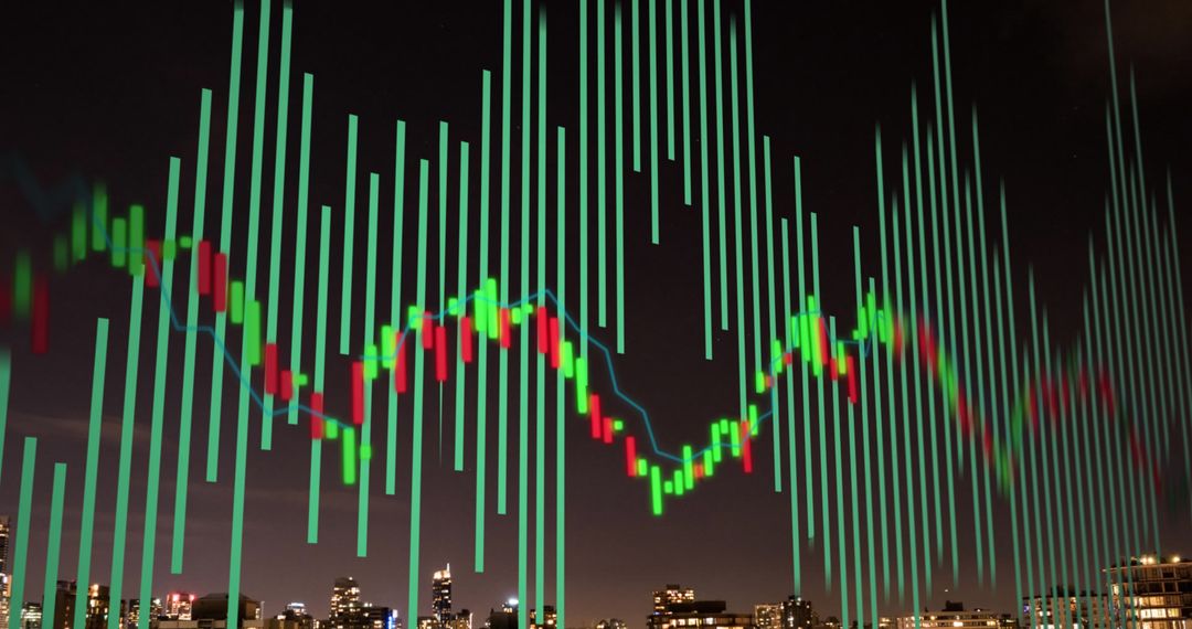 Digital Data Visualization Over City Skyline at Night