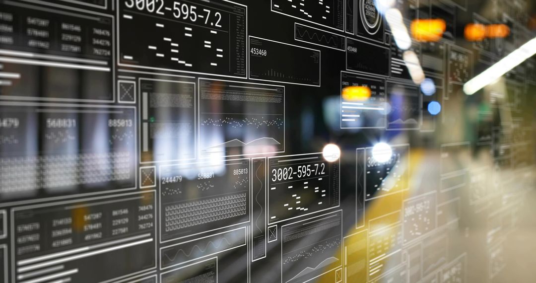 Transparent Interface Panels Reflecting on Glass Corridor, Futuristic HUD with Line Charts