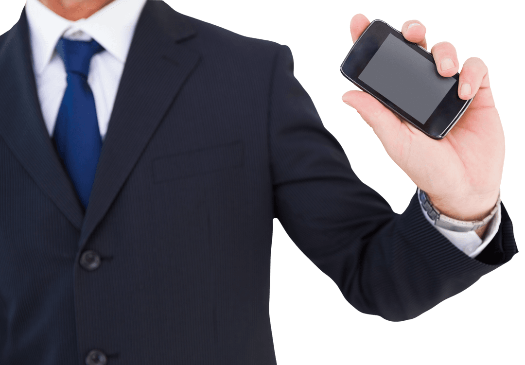 Transparent Businessman Holding Smartphone in Suit