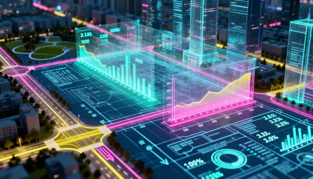 Holographic Data Visualization Displaying Interactive Charts Over Digital Twin Downtown