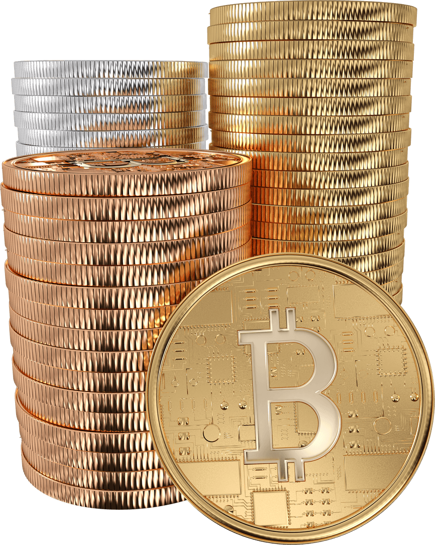 Transparent Bitcoin Coin Illustration with Gold and Silver Stacks