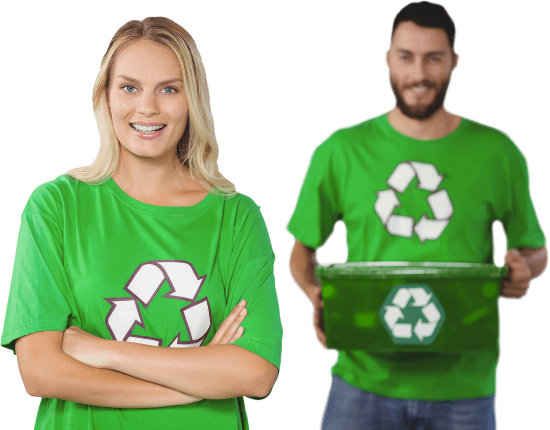 Transparent Recycling Enthusiasts with Green Bins