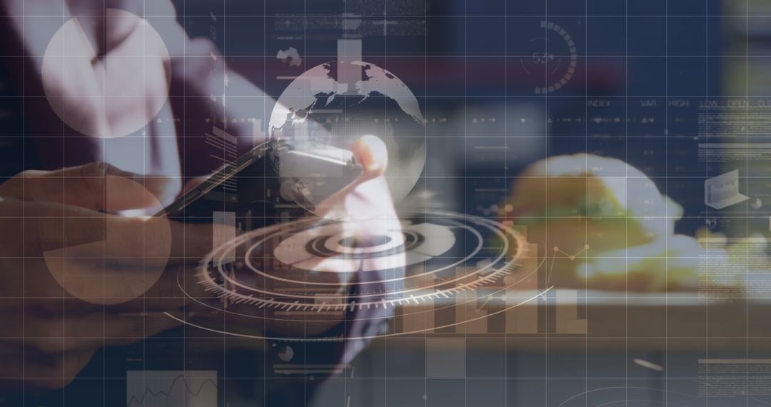 Businessman Using Smartphone with Futuristic Interface Overlay