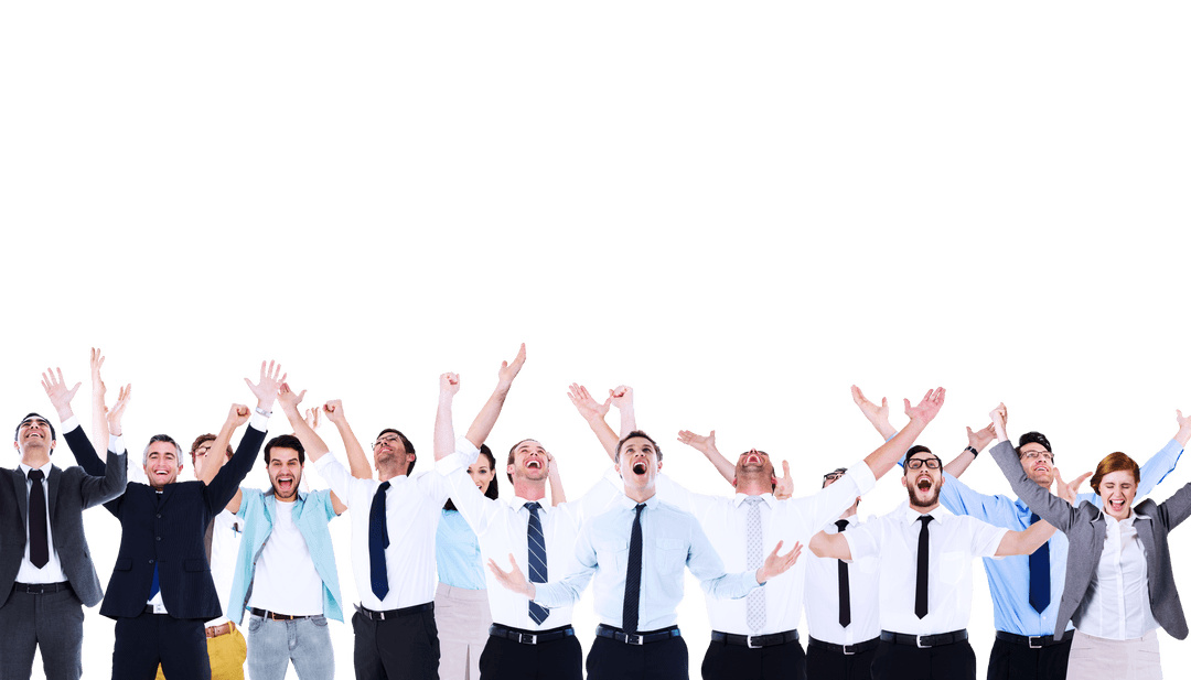 Diverse Business Team Raising Hands on Transparent Background