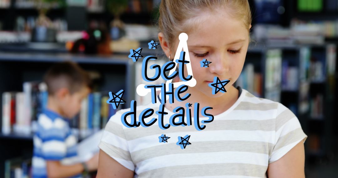 Focused Schoolgirl Pondering Details in Library Setting