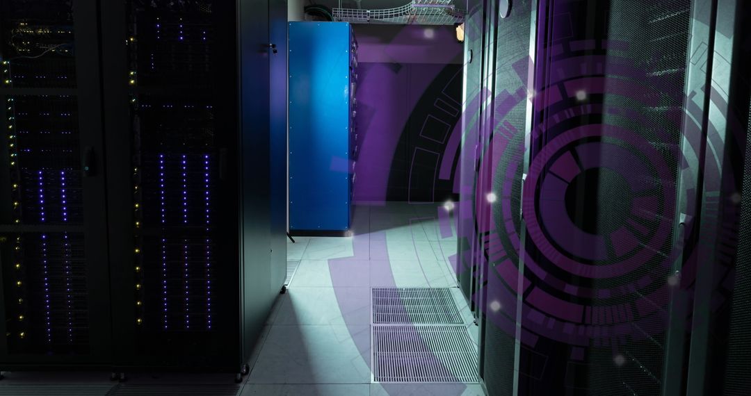 Futuristic Server Room with Spinning Digital Interface
