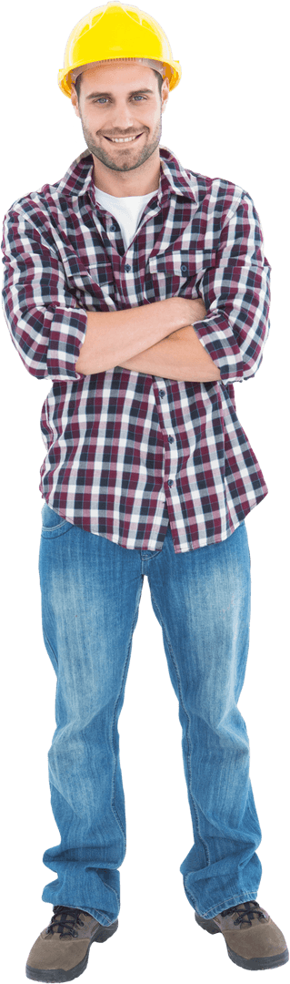 Confident Male Handyman Wearing Hardhat on Transparent Background
