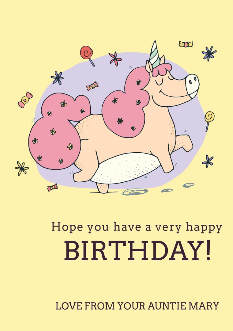 Whimsical Birthday Card with Unicorn Pig and Candy Accents - Download Free Stock Templates Pikwizard.com