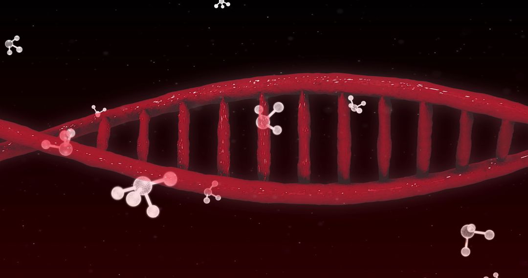 Digitally Rendered DNA Strand with Molecules on Black Background