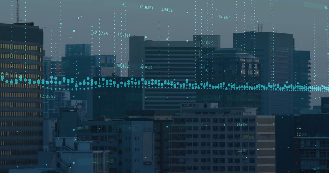 Futuristic Cityscape with Digital Overlay Indicating Technological Connectivity