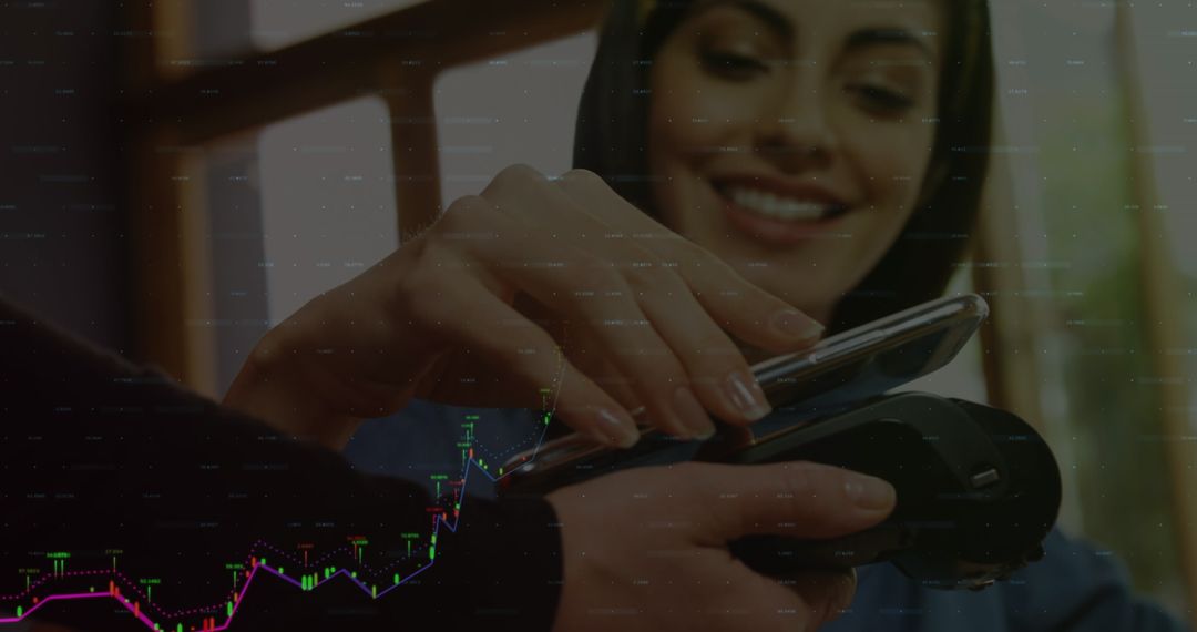 Contactless Payment Method with Smiling Woman and Financial Graph