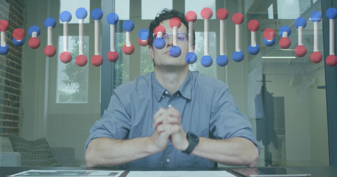 Businessman Analyzing DNA Strands in Modern Office
