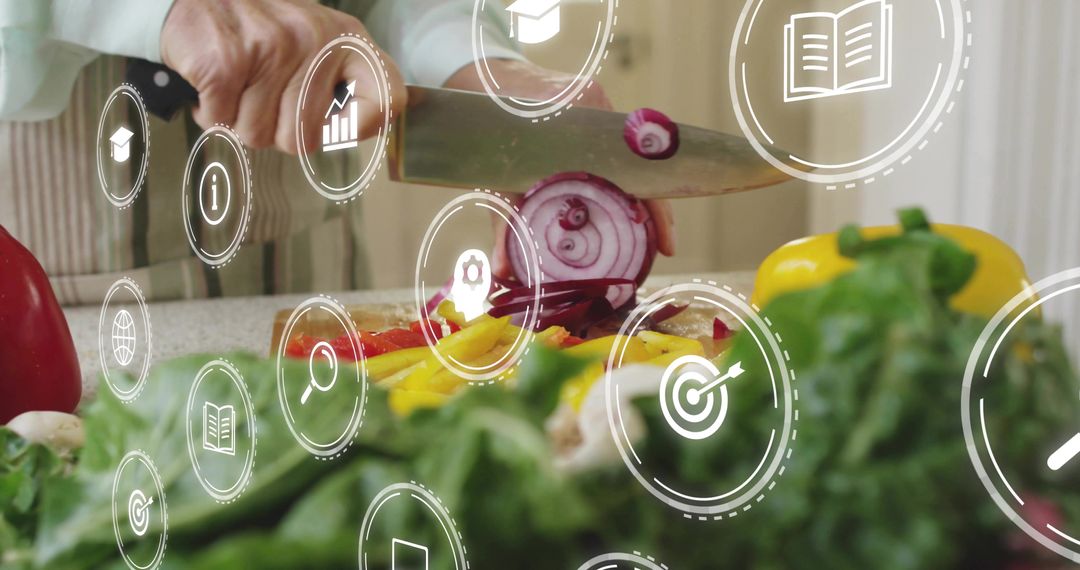 Woman slicing red onion with digital UI overlay, fresh peppers and greens on counter