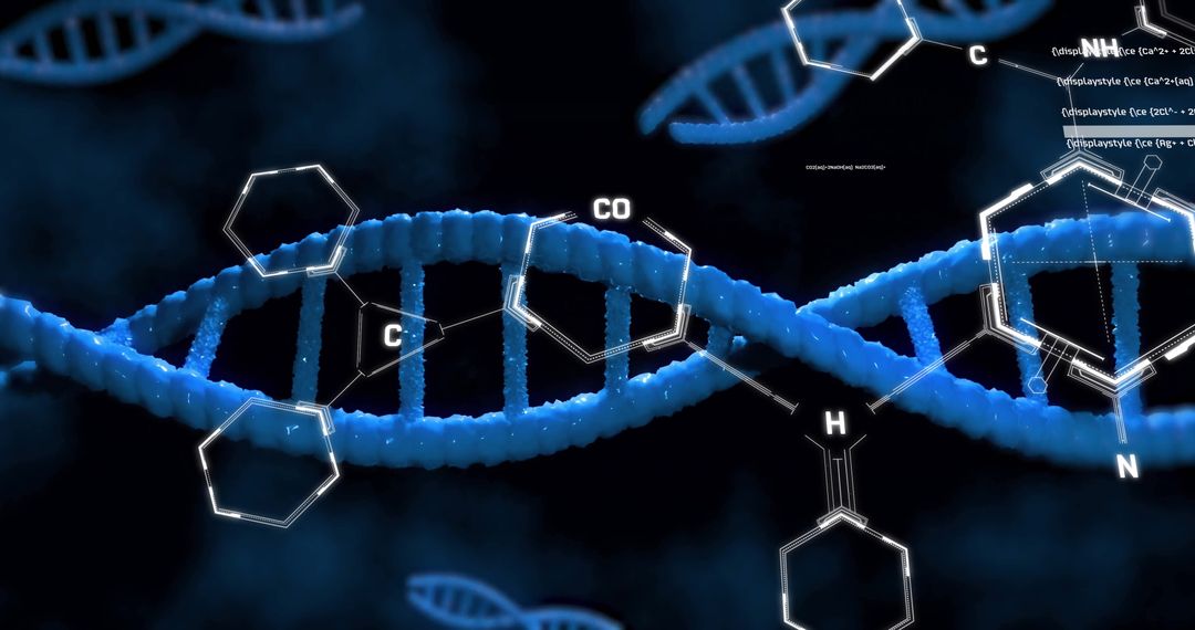 Digital DNA Strand with Chemical Formulas on Black Background