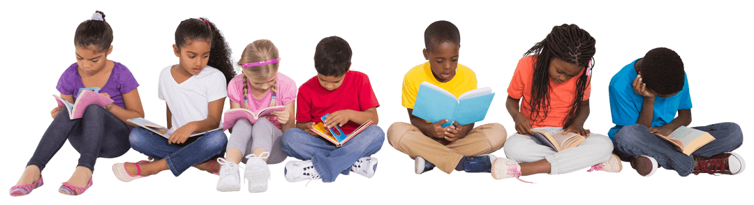 Transparent Diverse Children Reading with Books Isolated