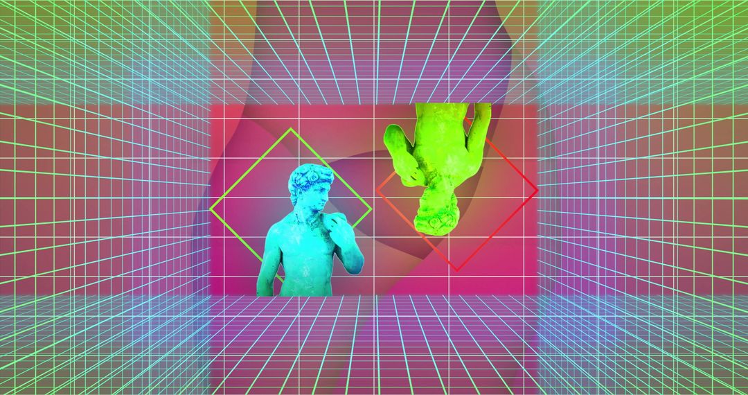 Futuristic Digital Art with Sculptures and Colorful Geometric Patterns