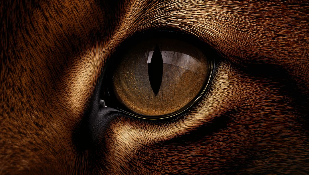 Macro feline eye with amber slit pupil and glossy corneal reflection, detailed fur texture