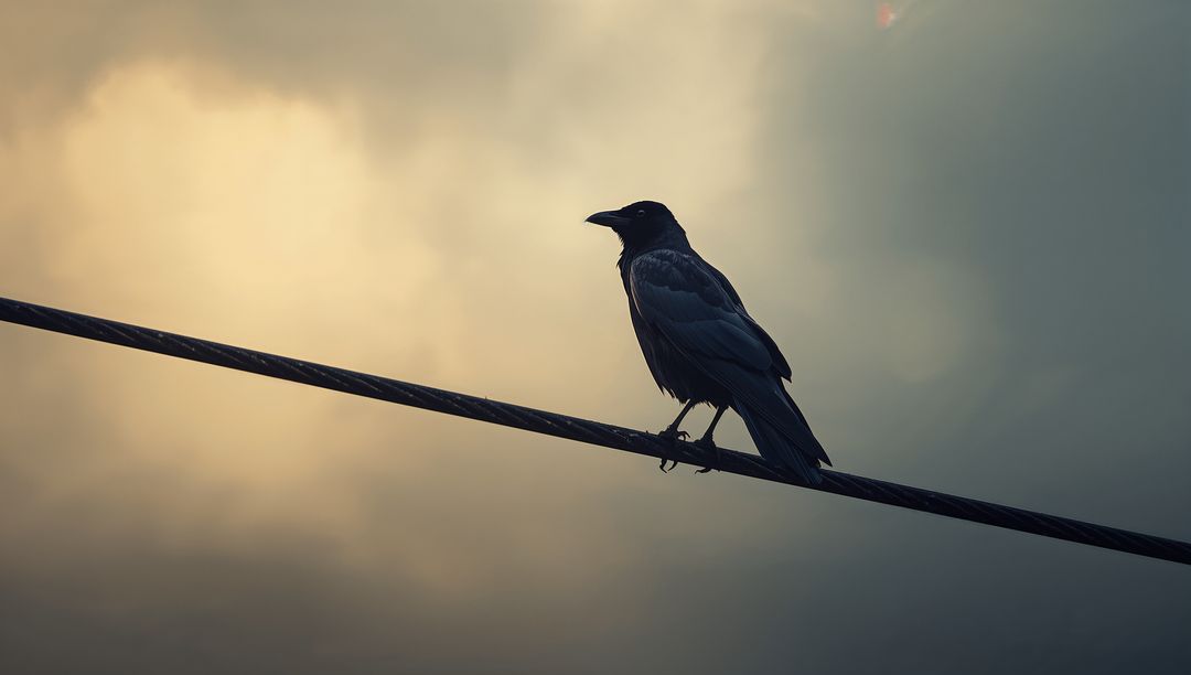 Silhouetted Crow Perching on Wire Against Cloudy Twilight Sky